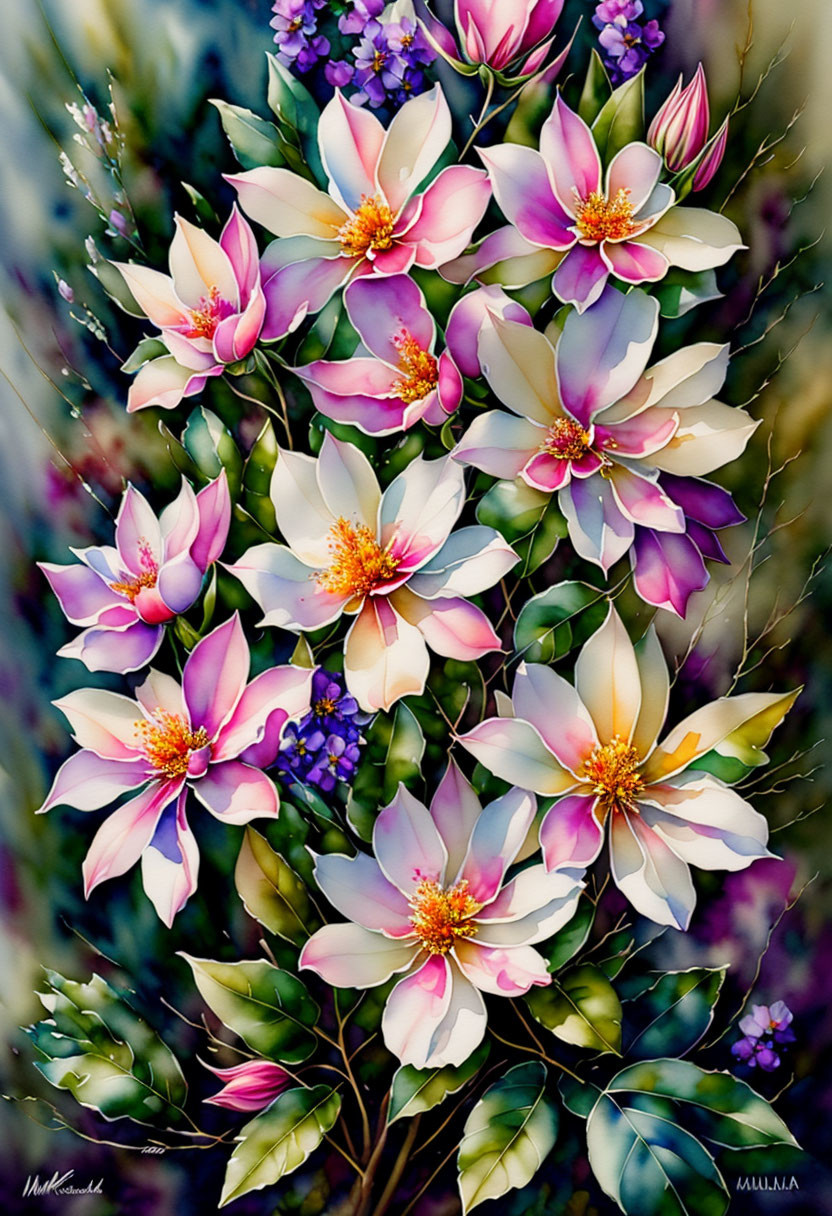 Colorful Painting of Pink and White Blossoming Flowers with Yellow Centers