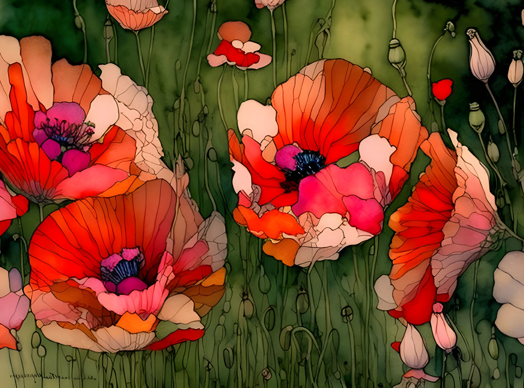 Colorful illustration of red and pink poppies on textured green background