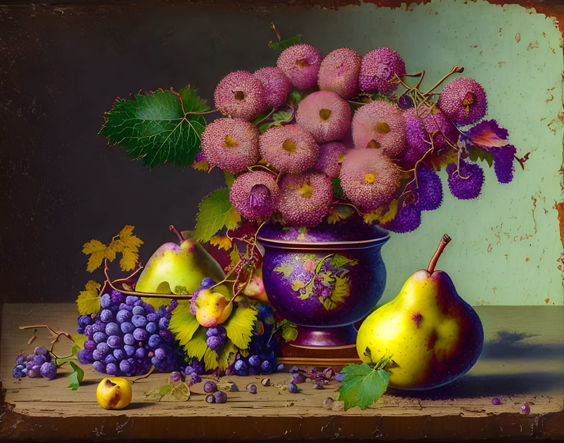 Fresh fruits still life with grapes, pears, and lychees on wooden surface