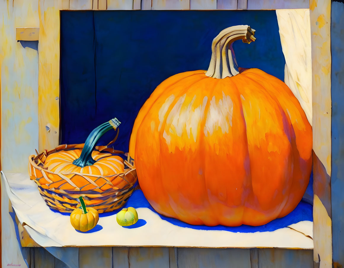 Colorful Still Life Painting with Pumpkin, Squash, and Fruits