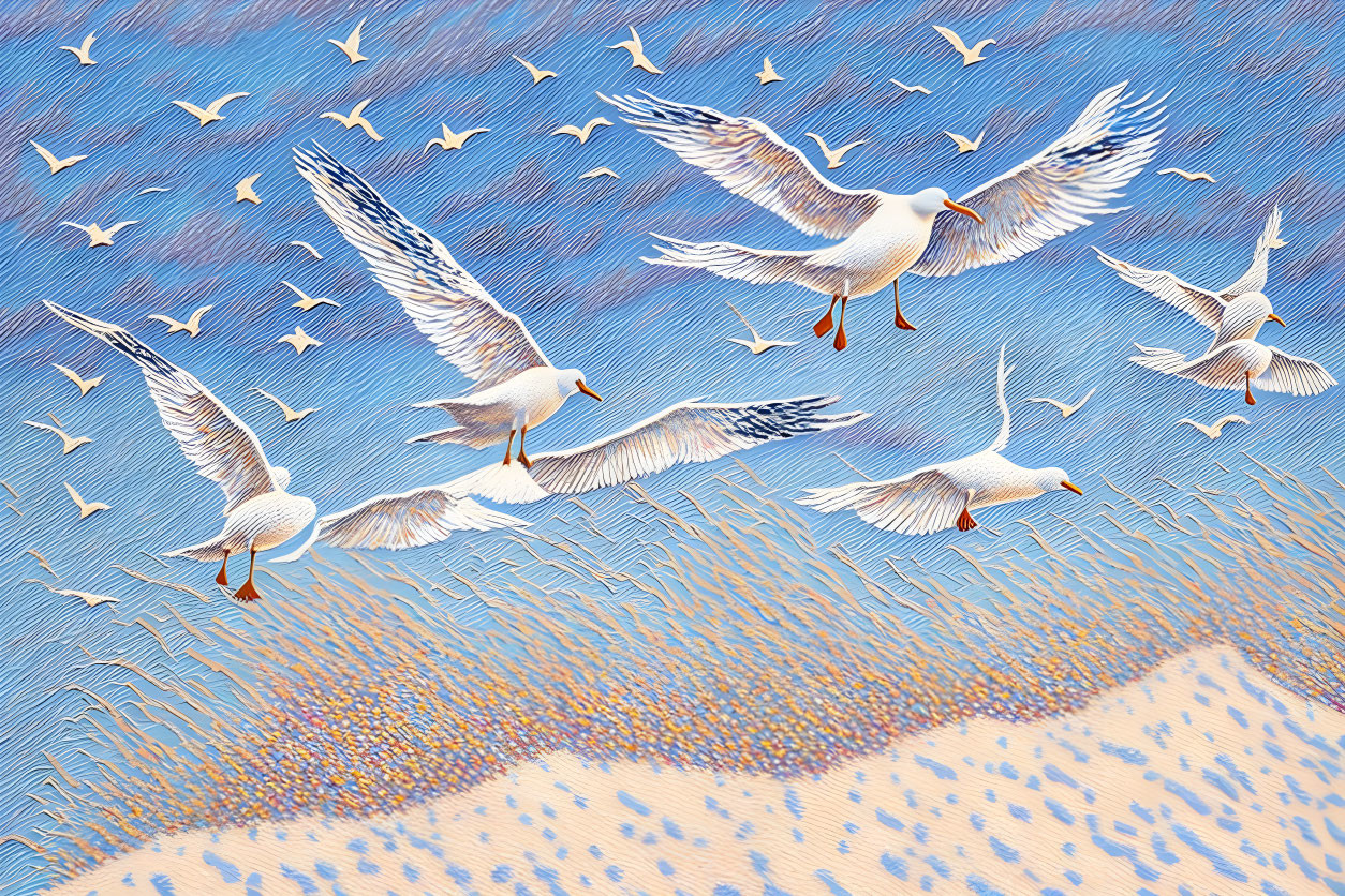 White Birds Flying Over Blue and White Textured Sky Background