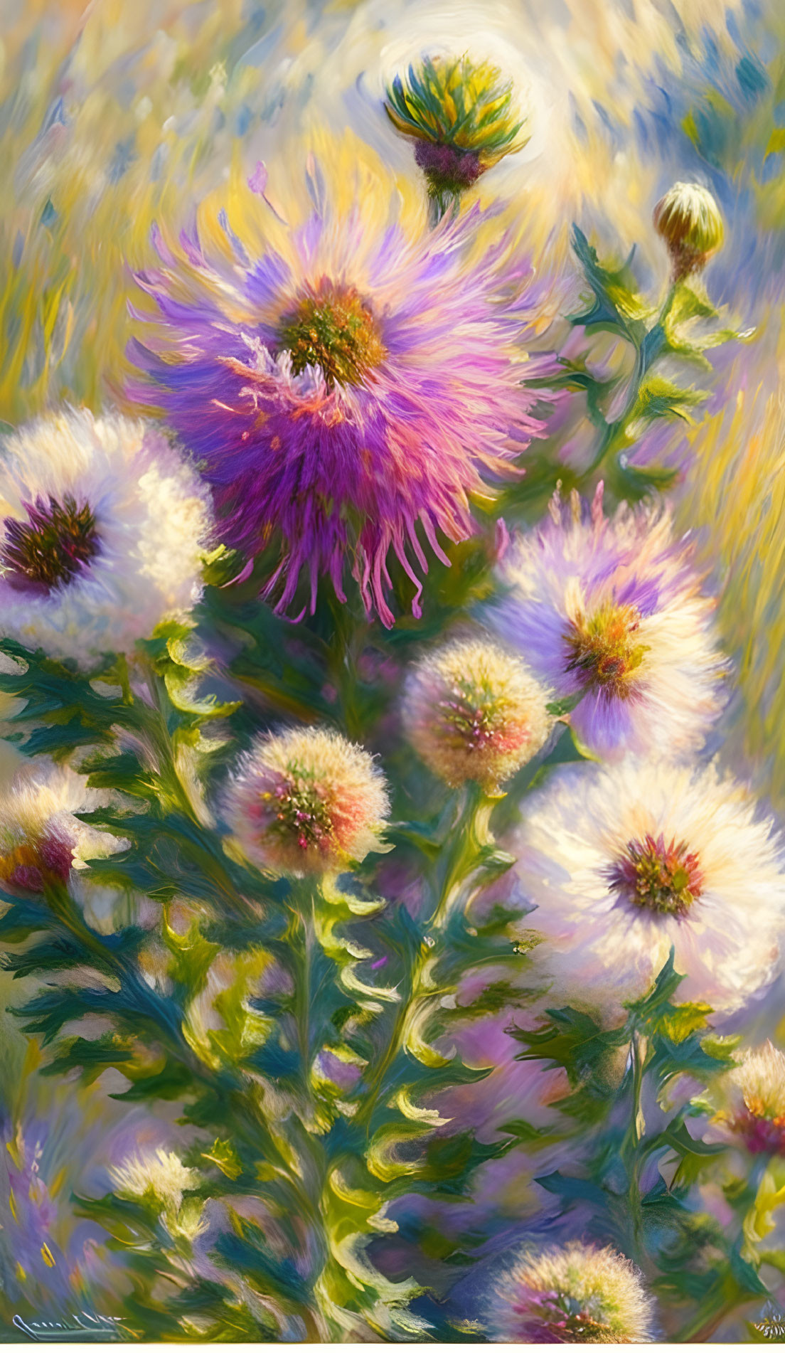 Purple Thistle Flowers Painting with Yellow Grasses