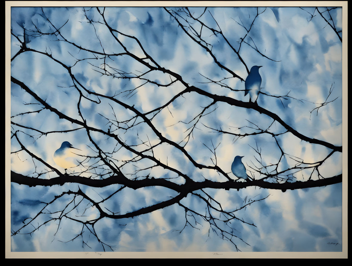 Birds perched on bare branches against cloudy sky at dusk