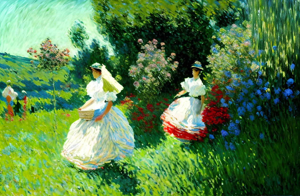 Two women in white dresses with red sashes and hats walking in vibrant flower-filled meadow