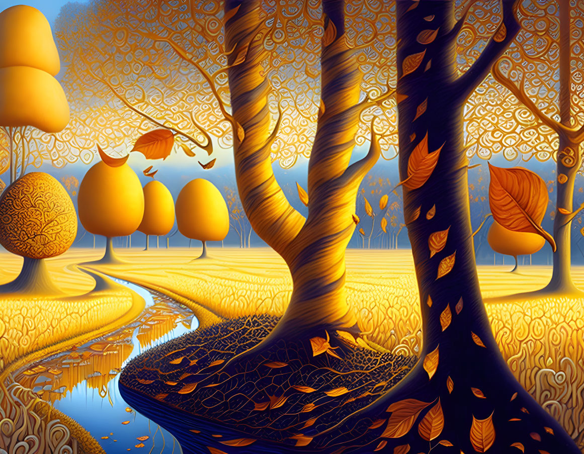 Whimsical autumn landscape with stylized trees and blue stream