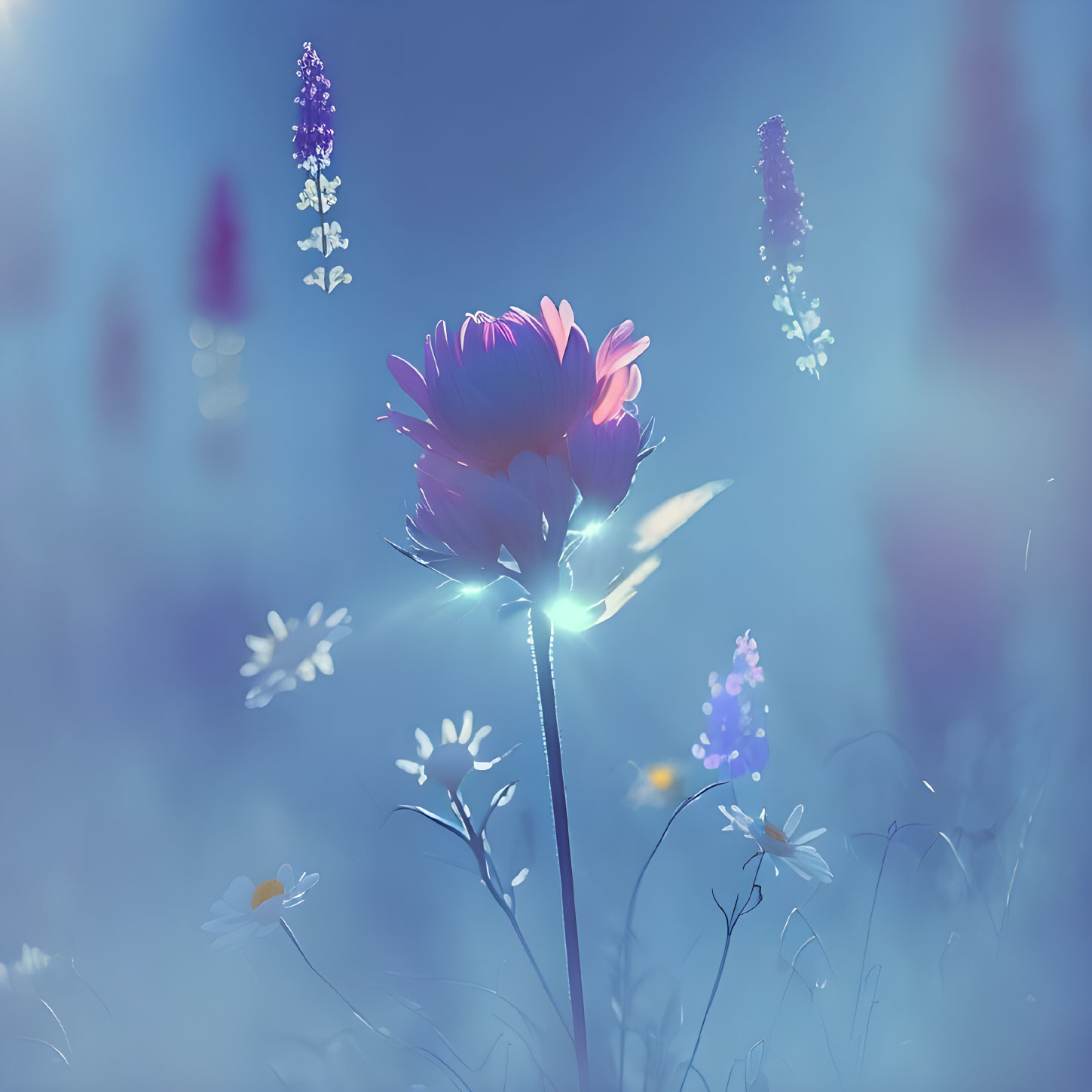 Close-up of flower in soft light with blue bokeh background.