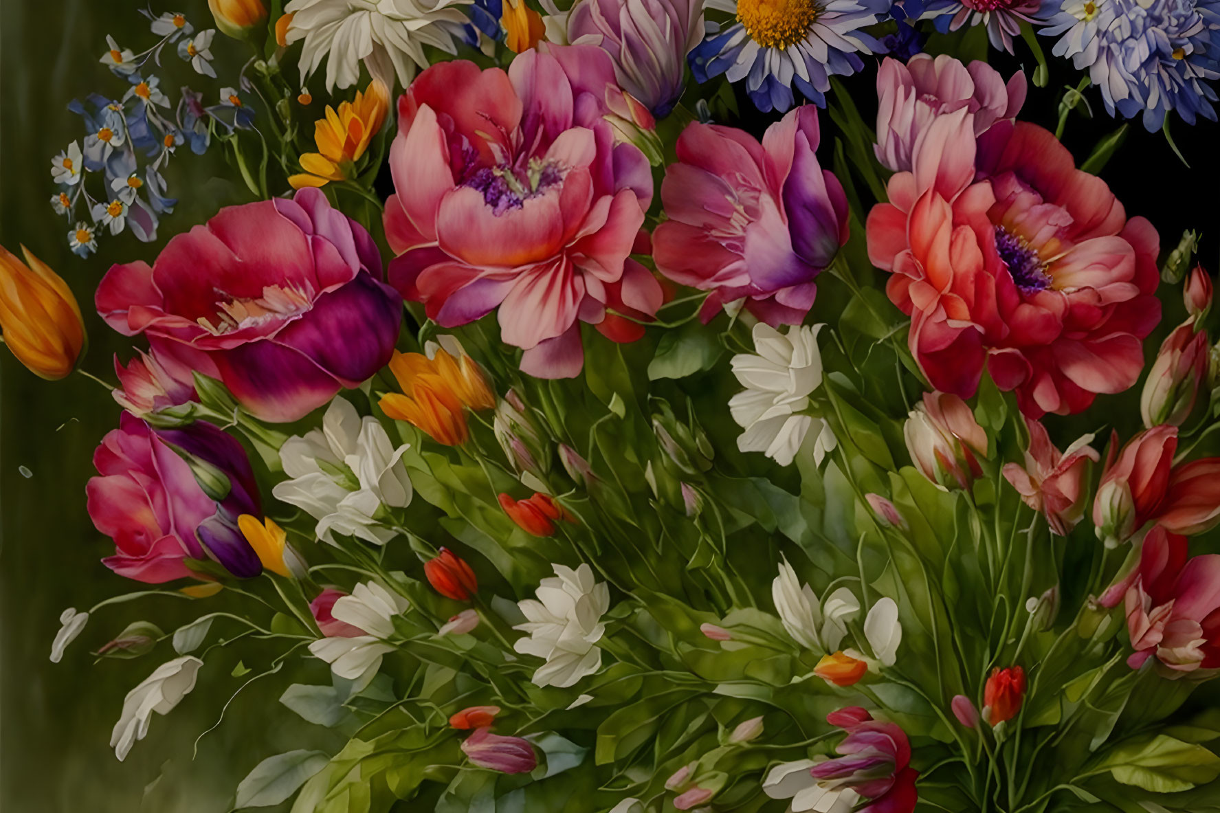 Colorful Flower Bouquet with Pink Peonies and Blue Asters on Dark Background