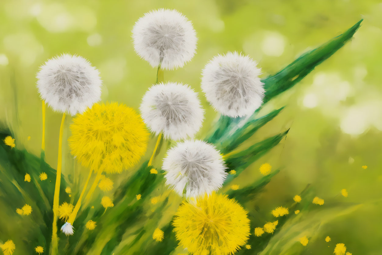 Yellow Dandelion Flowers Painting on Green Background