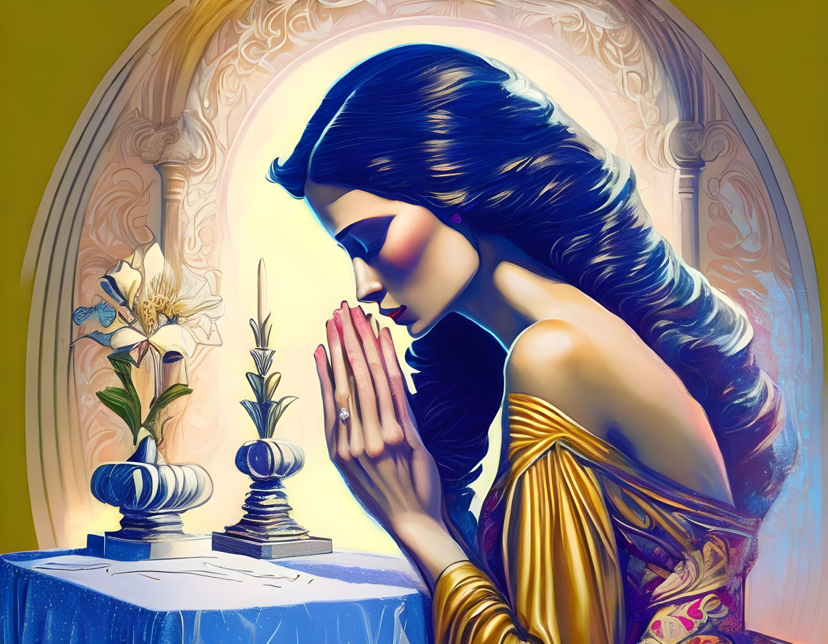 Illustration of woman in golden dress with flowing hair and hands in prayer gesture by table with vase and