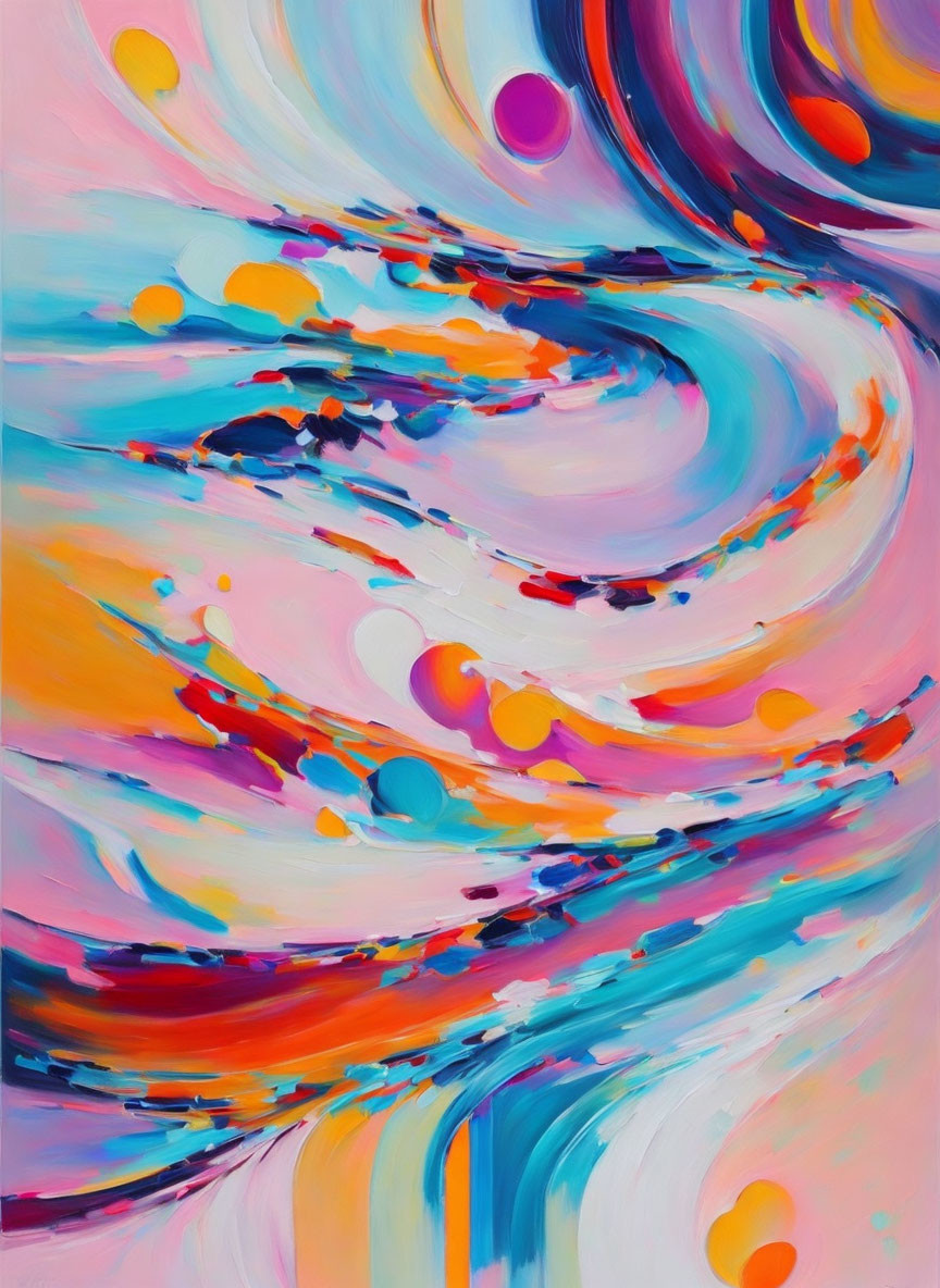 Colorful Abstract Painting with Vibrant Swirls in Pink, Blue, Orange, Yellow, and