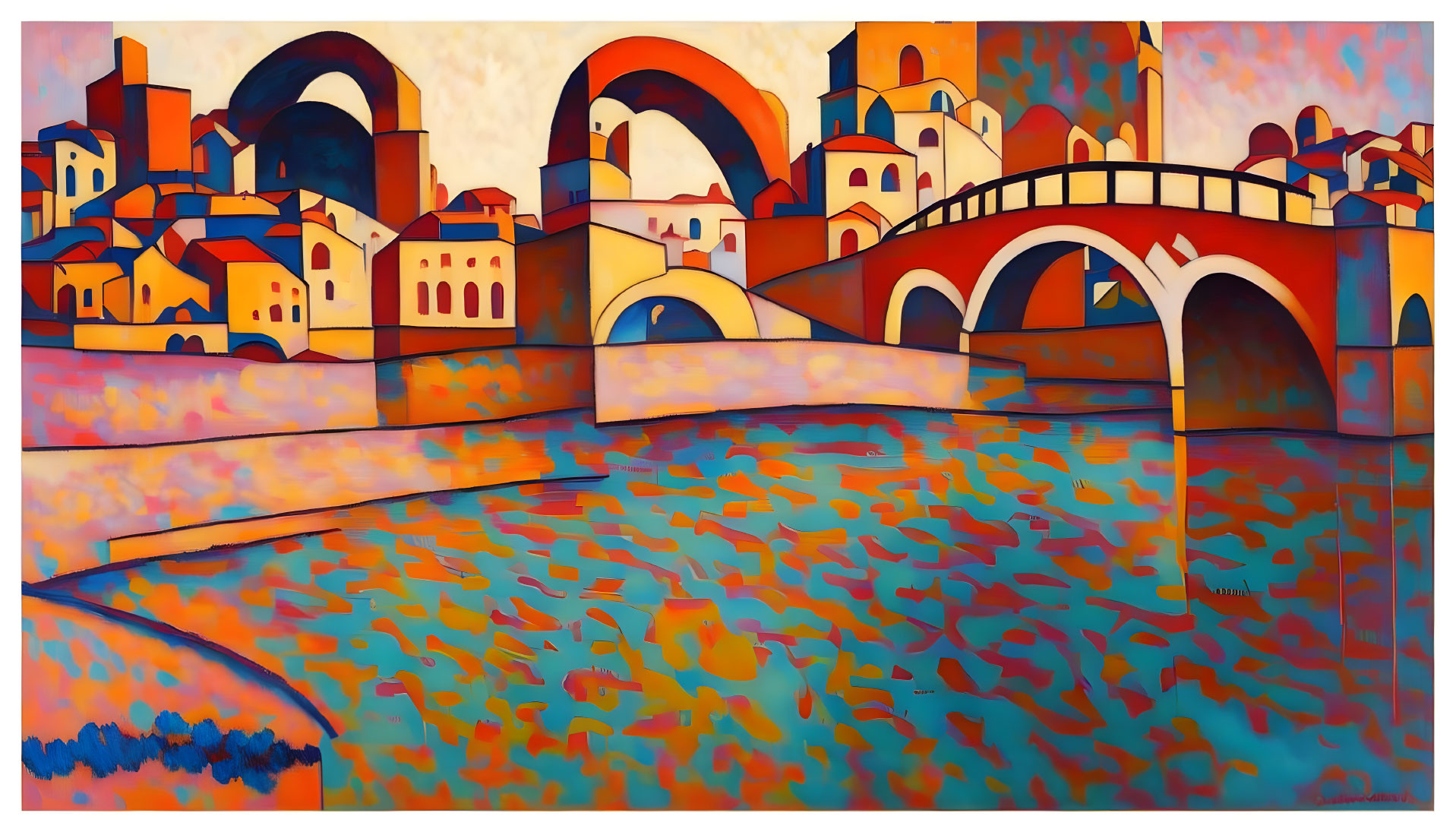 Vibrant urban riverscape painting with bridge and buildings in warm tones