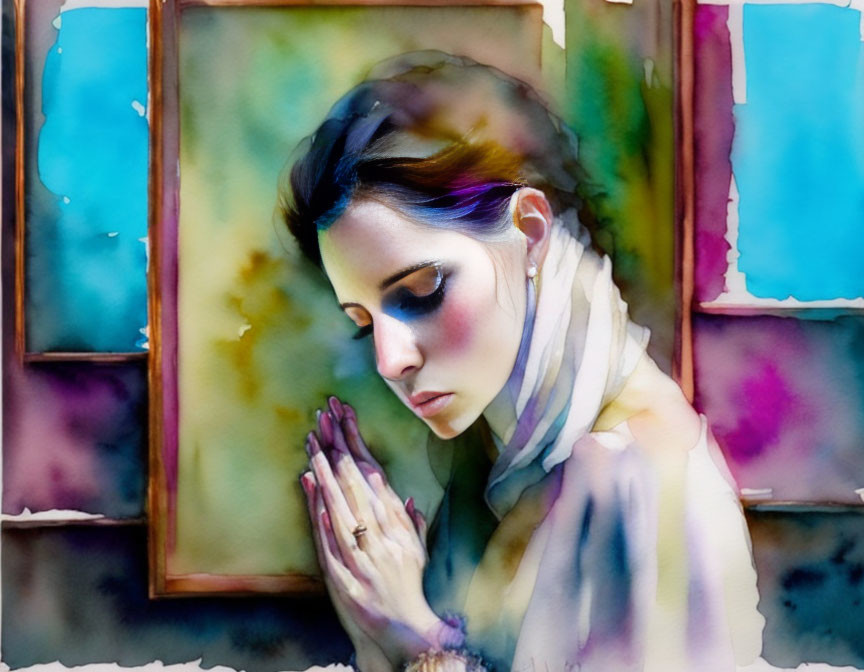 Contemplative woman in watercolor surrounded by abstract windowpanes