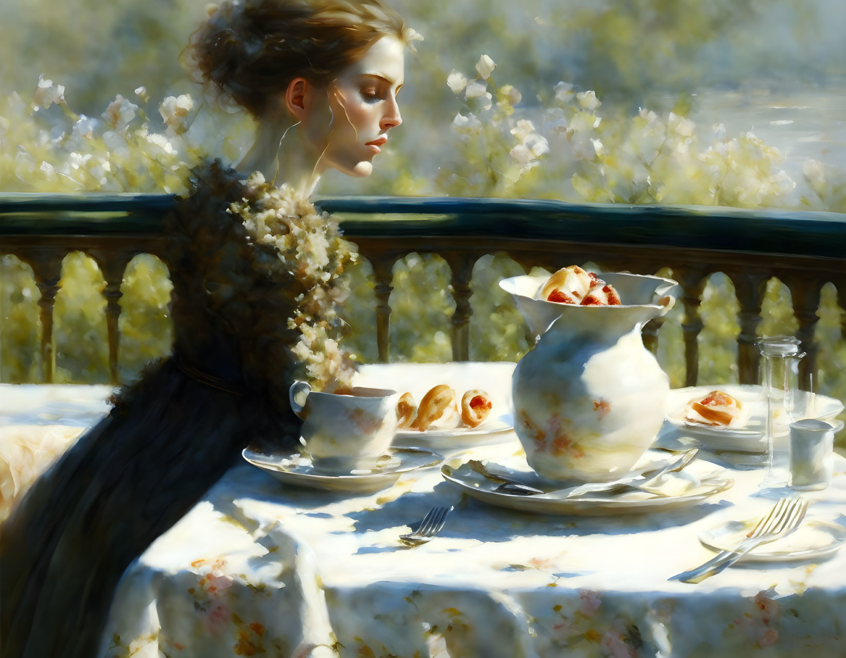 Pensive woman at elegantly set table with teacup and pastries