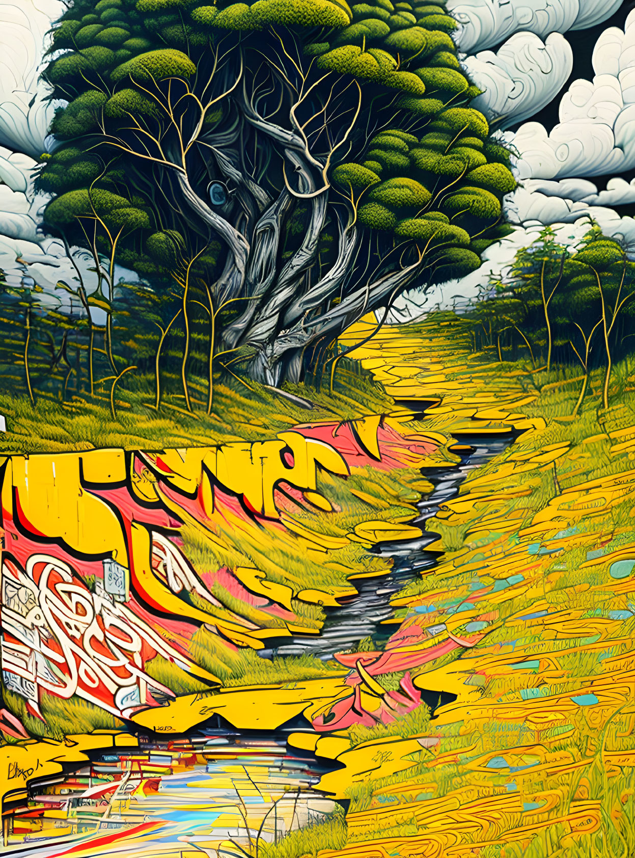 Colorful illustration of whimsical tree, graffiti river, and stylized clouds