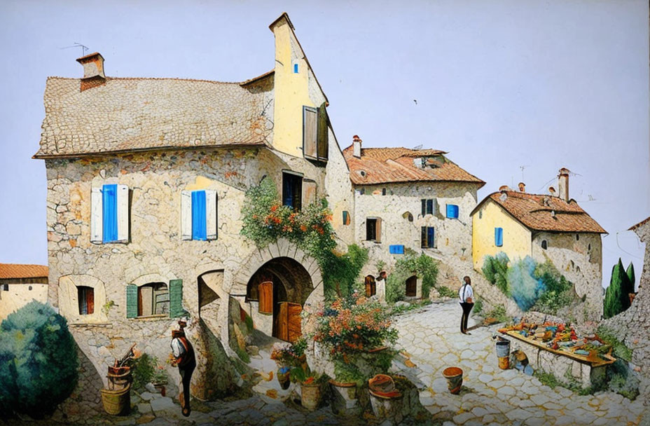 Rustic village scene with stone houses and villagers in daily life