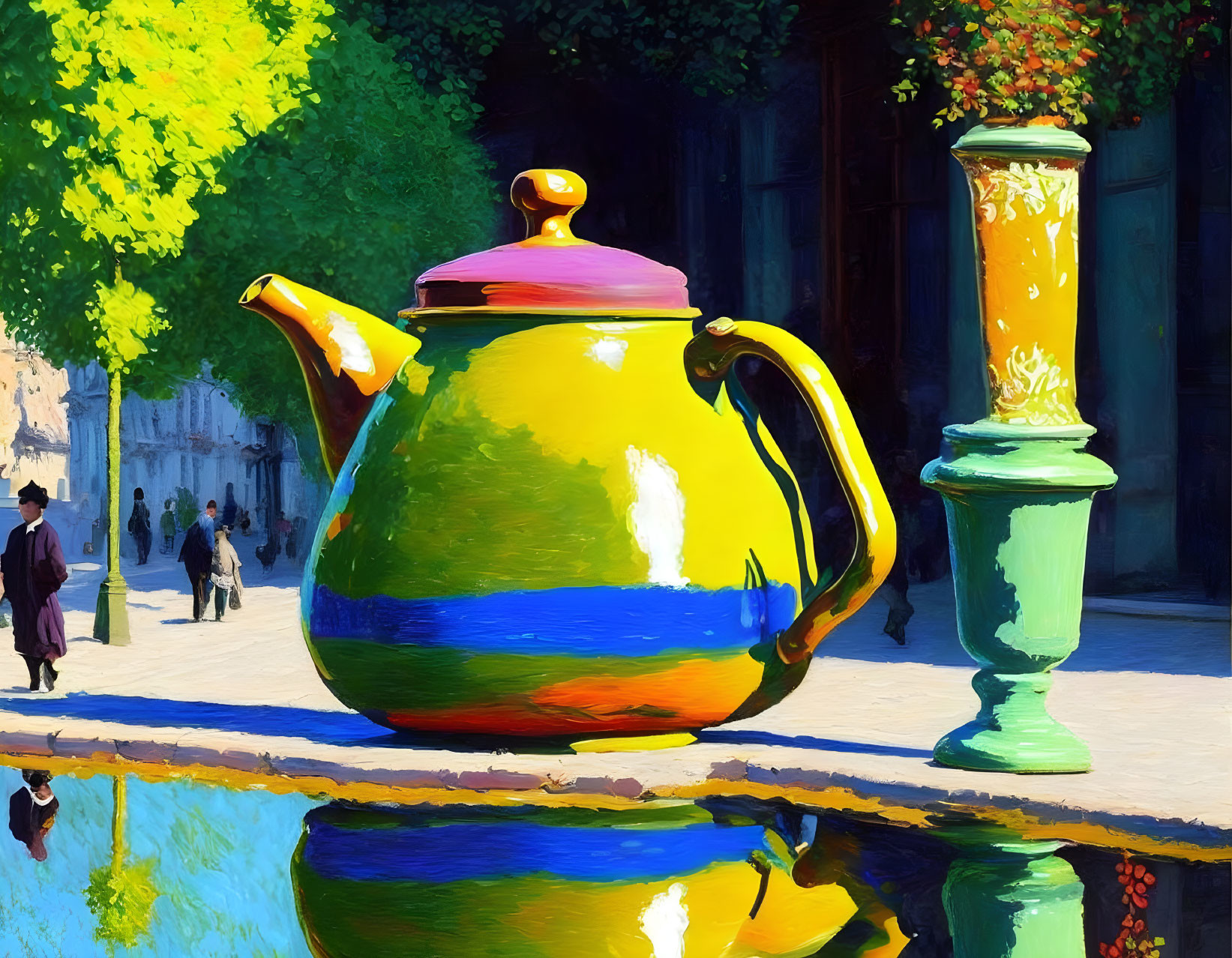 Colorful Teapot Reflecting on Glassy Table with Street Scene Background