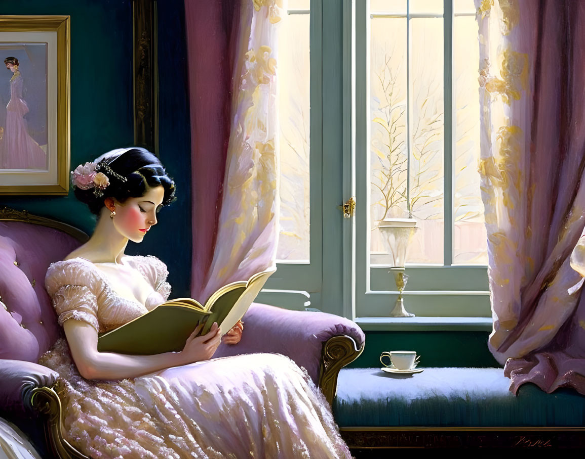 Woman in Pink Dress Reading Book by Sunlit Window with Tea