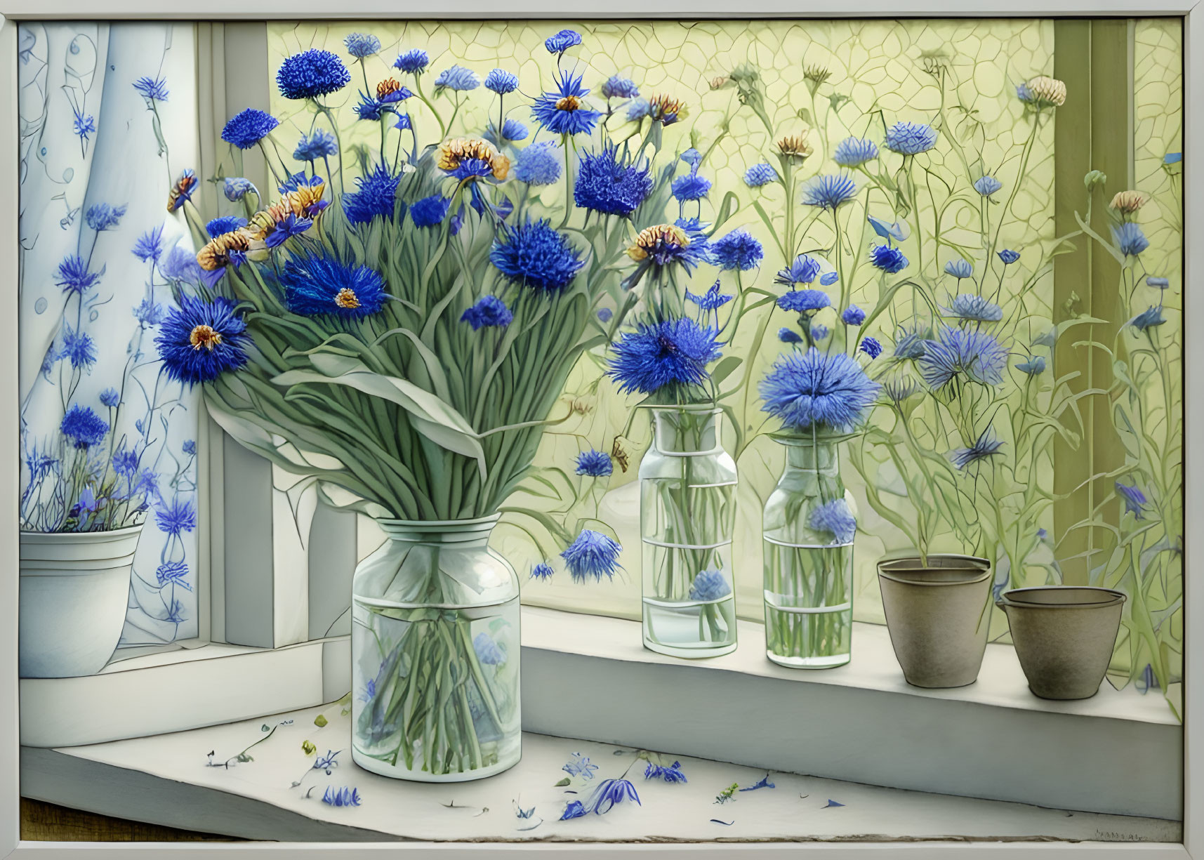 Vibrant blue and purple flowers in jars on windowsill