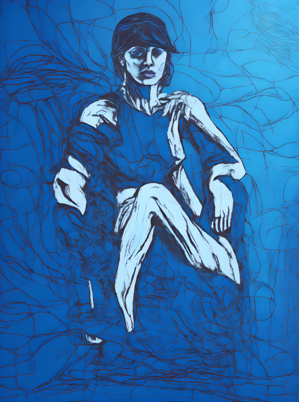 Abstract seated figure art against intricate blue background