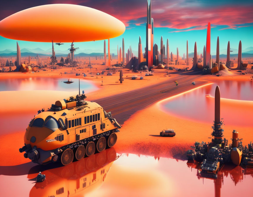 Futuristic vehicles in desert landscape with alien planet setting