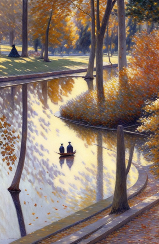 Tranquil autumn river scene with canoeing couple and vibrant fall foliage