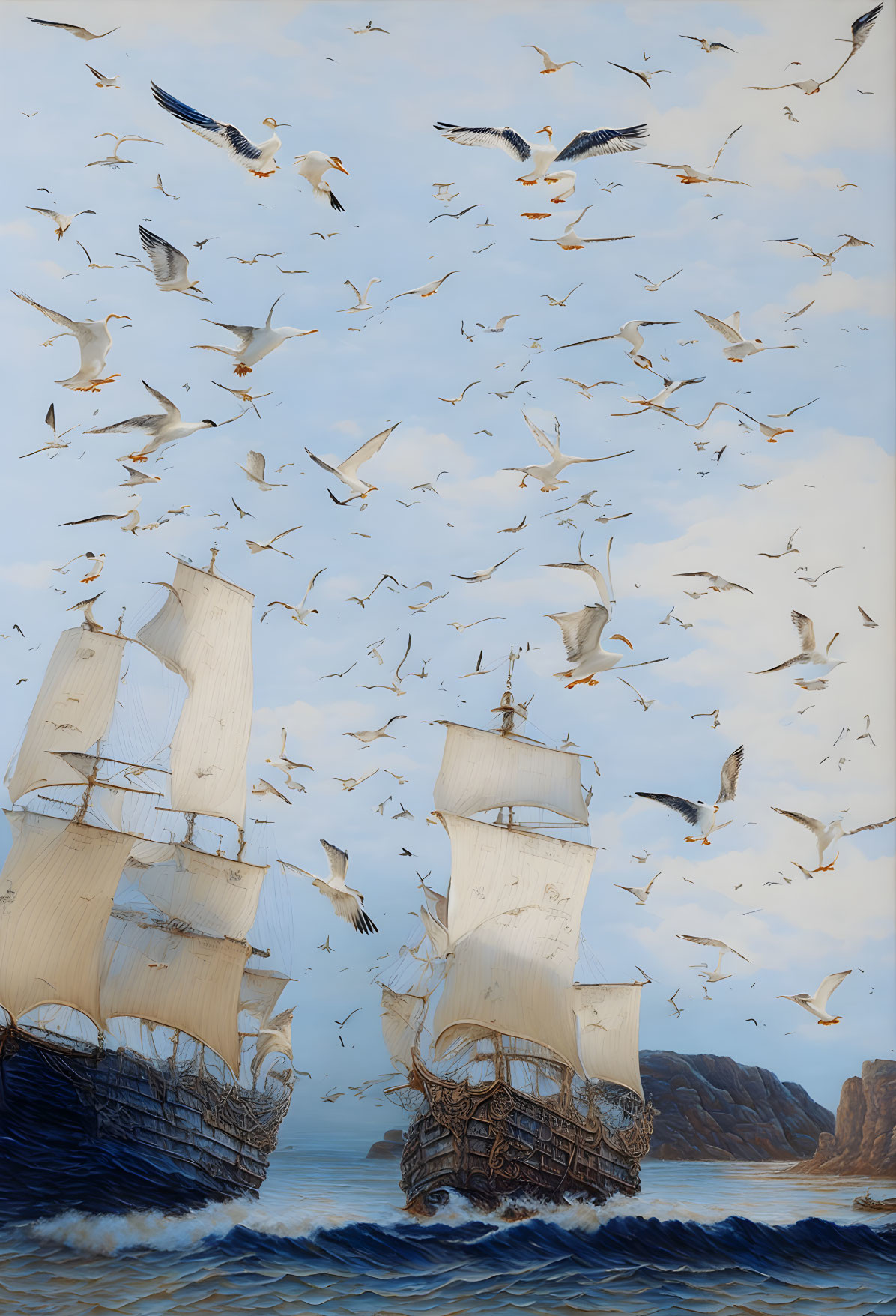 Tall ships sailing near cliffs with seagulls on calm seas