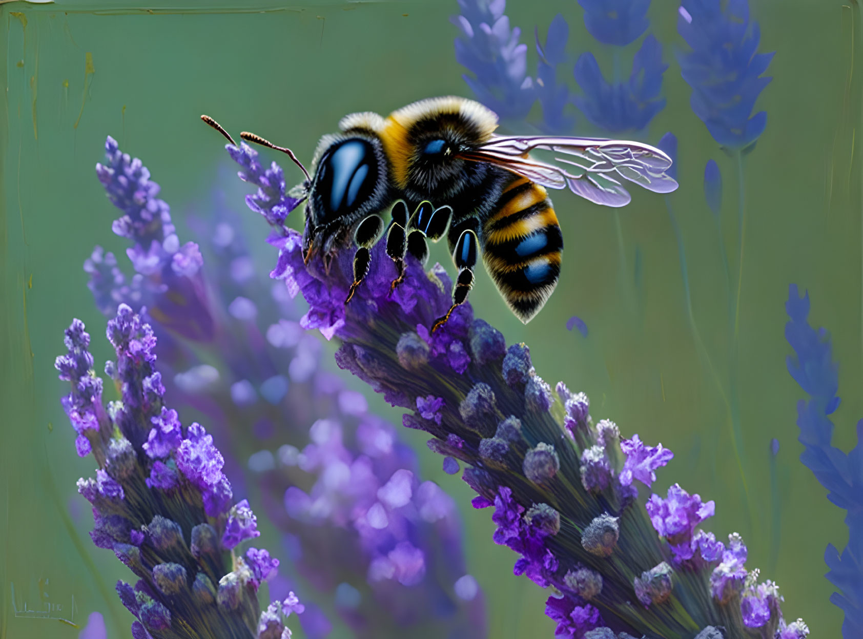 Detailed illustration of a bee on lavender flowers with green background