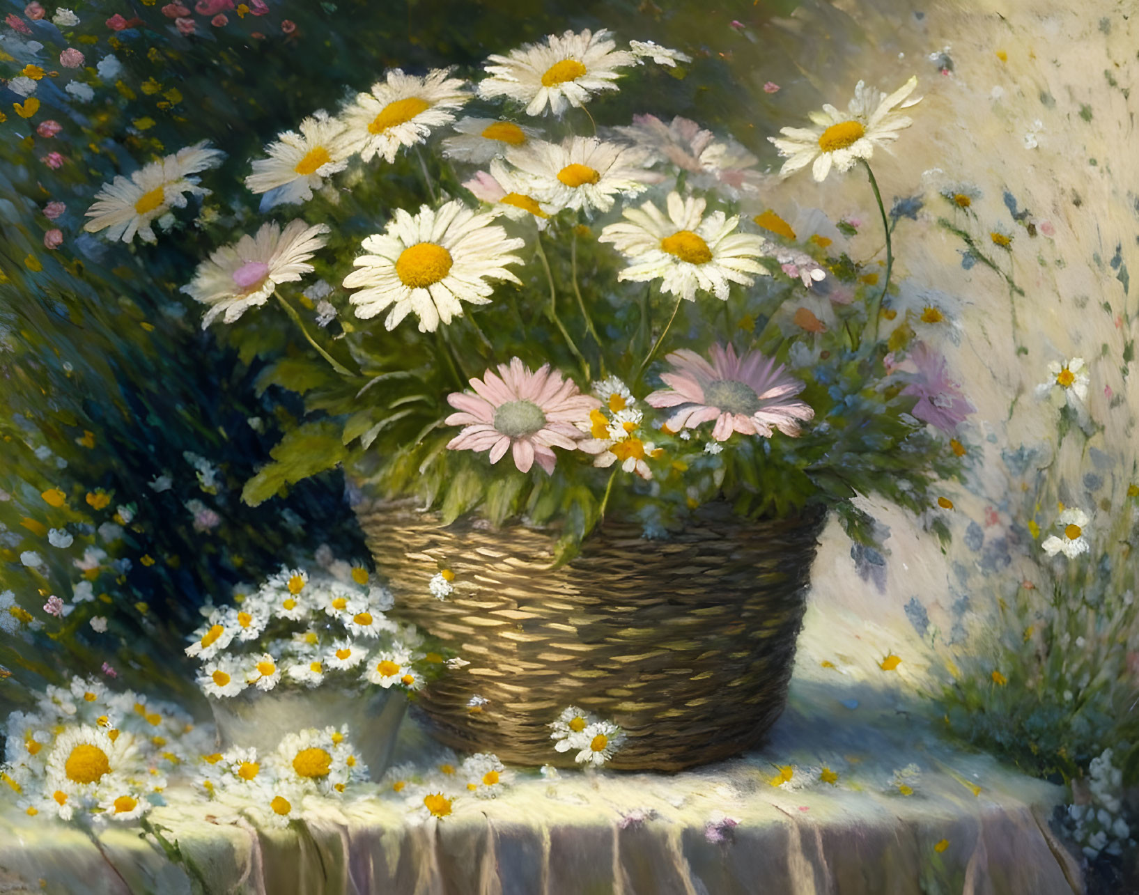 Wicker basket with blooming daisies on sunlit ledge