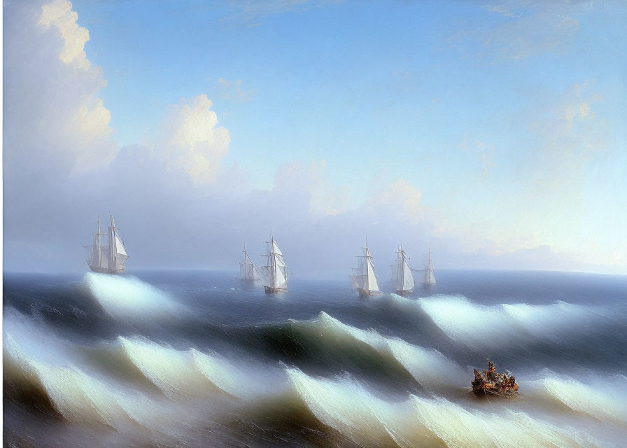 Four ships on rolling ocean waves under a partly cloudy sky.