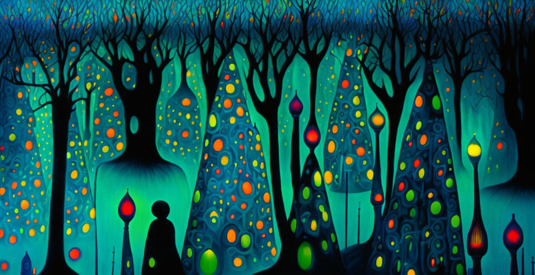 Colorful forest painting with glowing trees and silhouettes