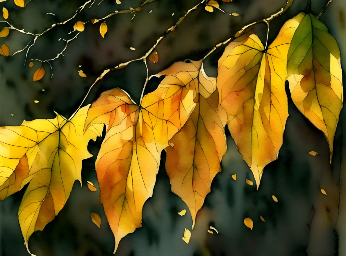 Vibrant autumn leaves watercolor painting with blurred forest background