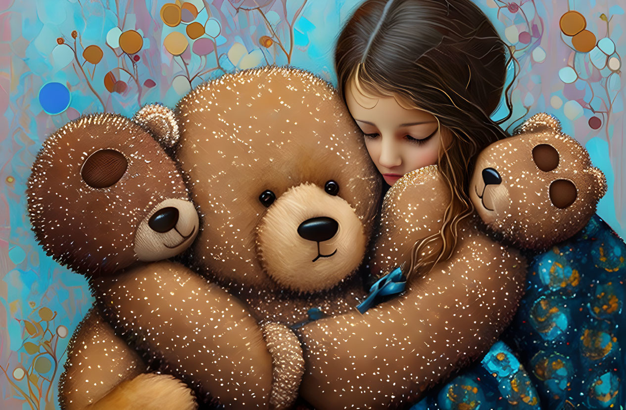 Young girl embraces two large teddy bears in colorful, whimsical setting