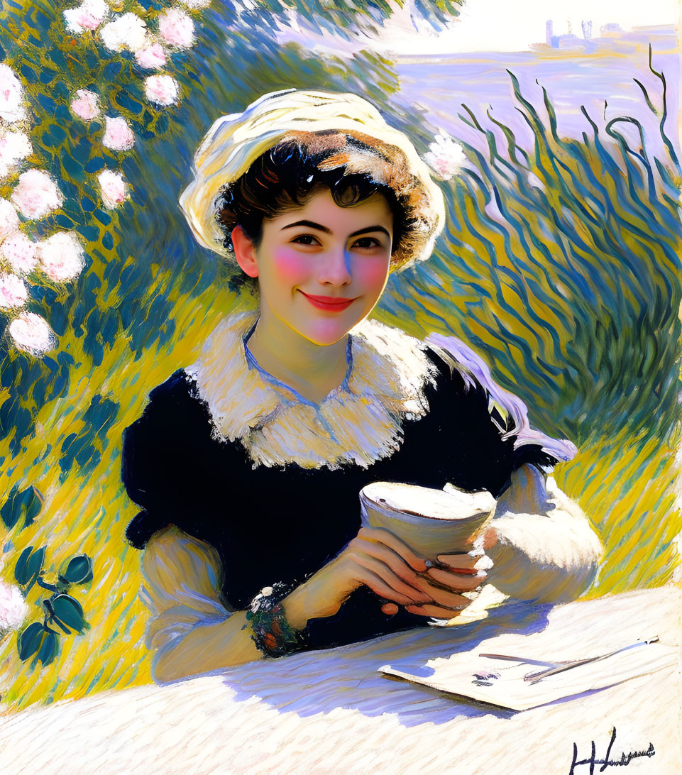 Smiling woman in white hat and black dress outdoors with blooming bushes