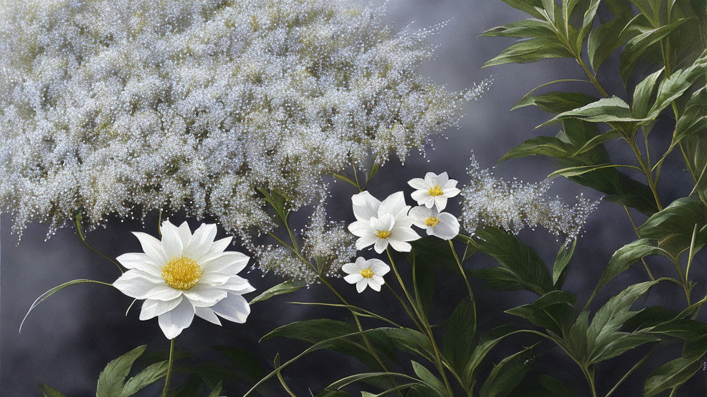 Detailed painting of white flowers and green foliage on textured gray background