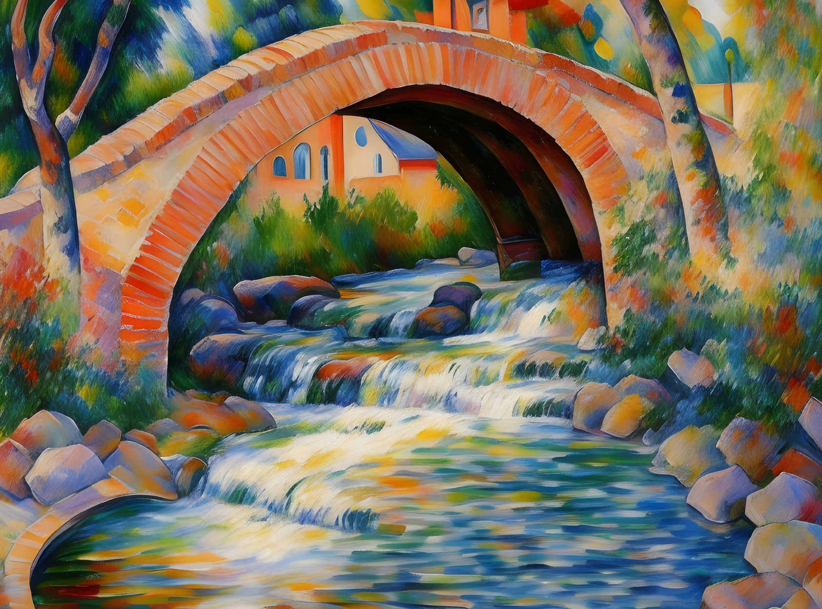 Scenic painting of stone bridge over stream and trees