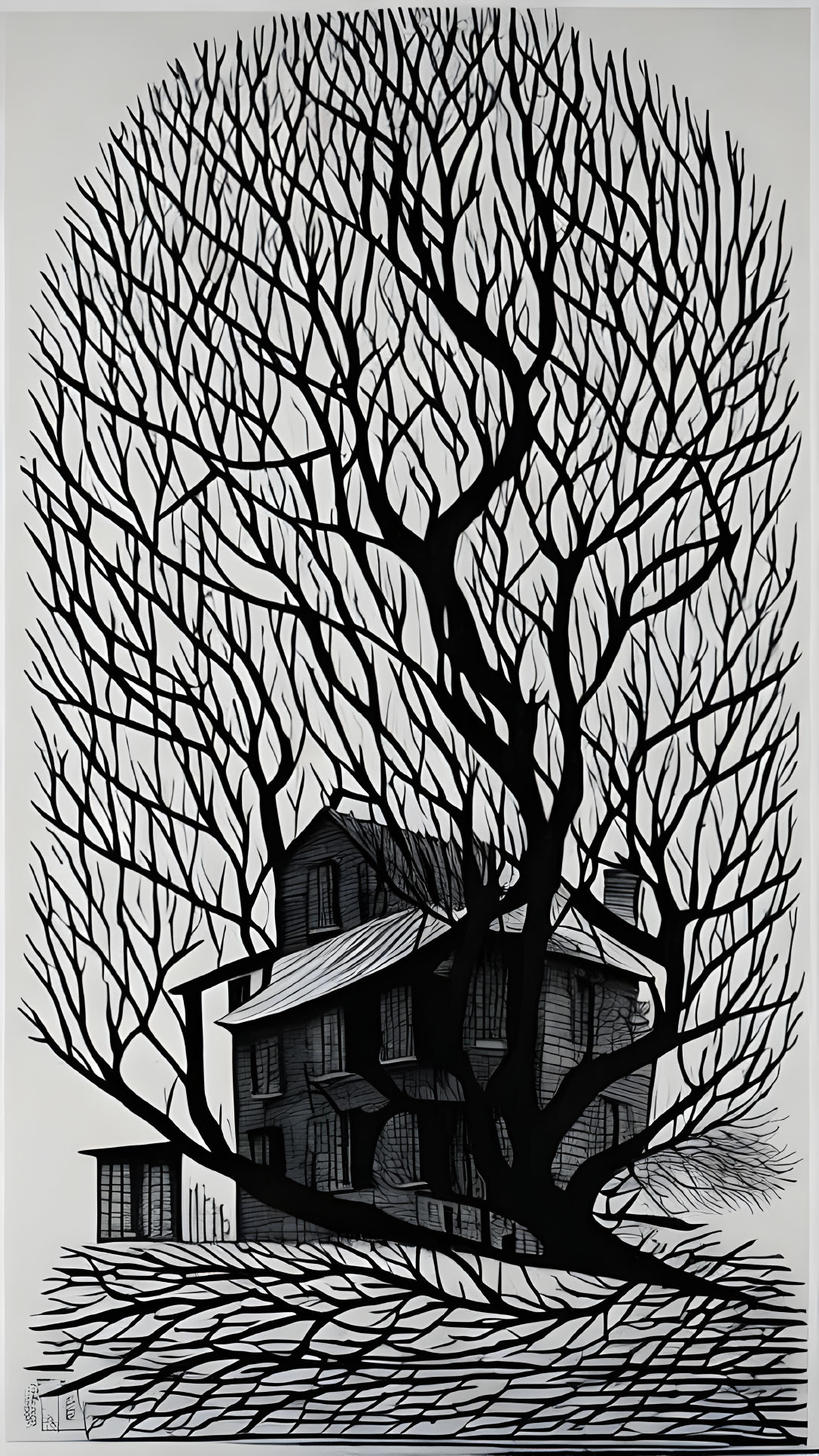 Detailed black and white art: Leafless tree envelops two-story house