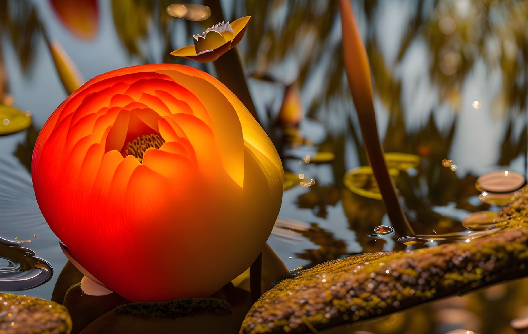 Vibrant lotus flower sculpture on water with lily pads in tranquil garden setting