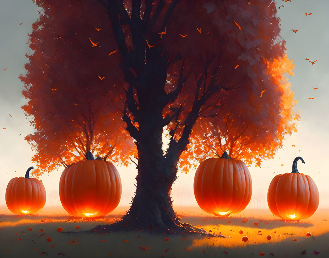 Autumn landscape with glowing pumpkins under tree in misty setting