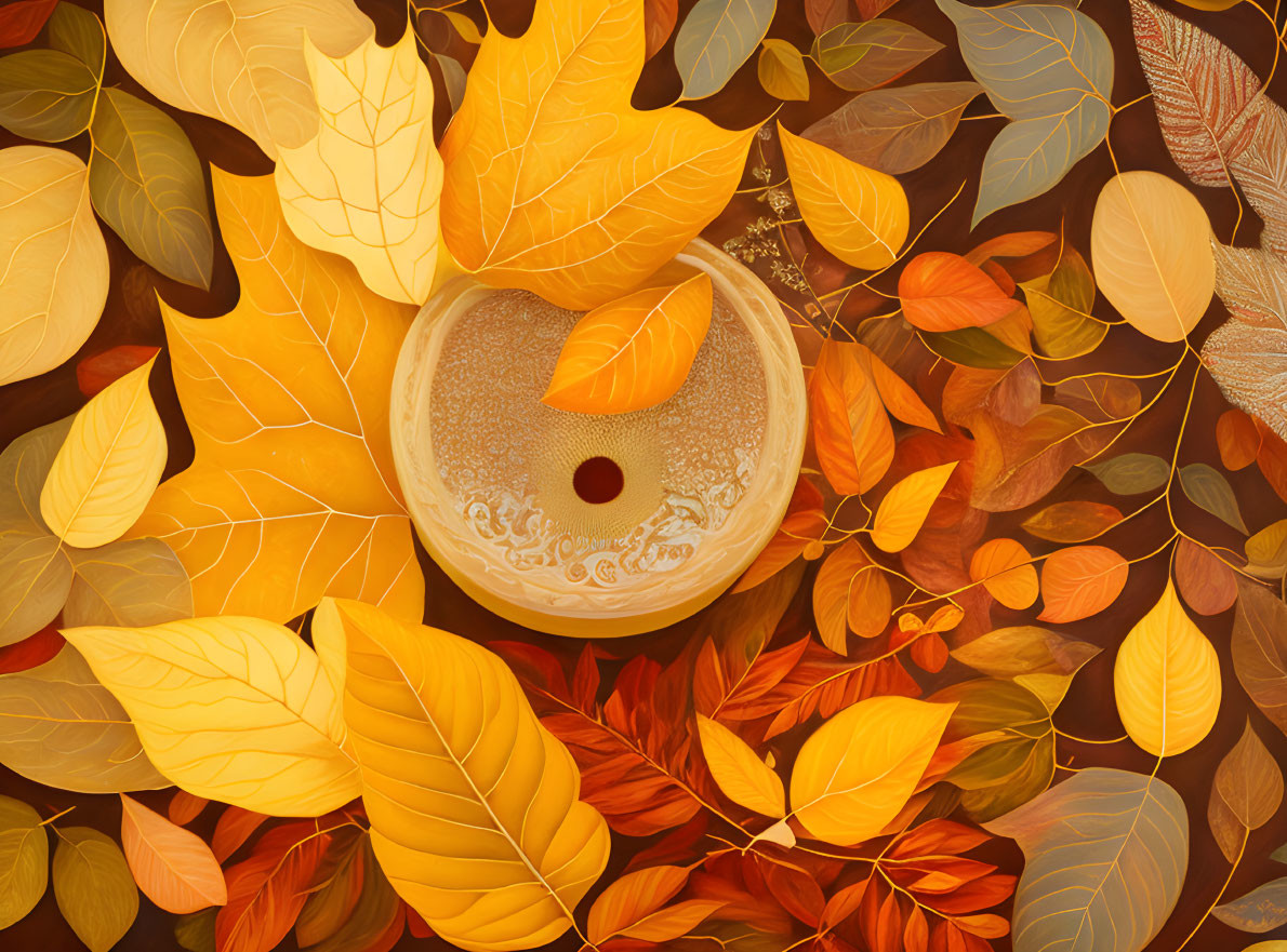 Autumn leaves and coffee cup illustration in warm hues