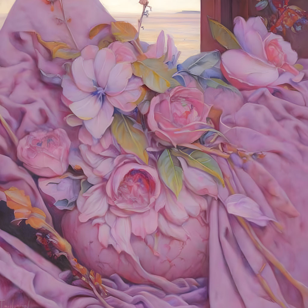 Pink flowers and greenery with draped fabric in oil painting