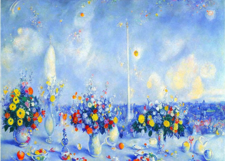 Vibrant flowers, floating orbs, rockets in dreamlike painting