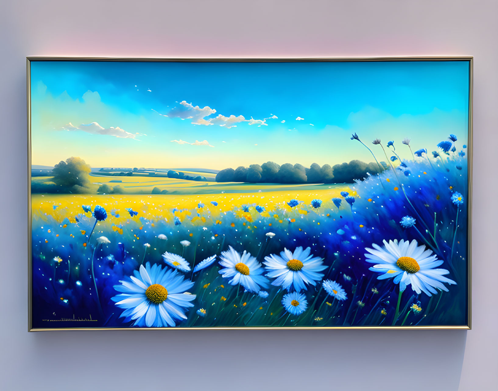 Colorful painting of yellow and blue flowers under gradient blue sky displayed on wall