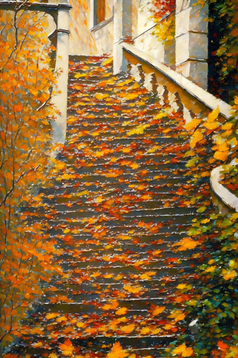 Colorful Autumn Leaves Outdoor Staircase Painting