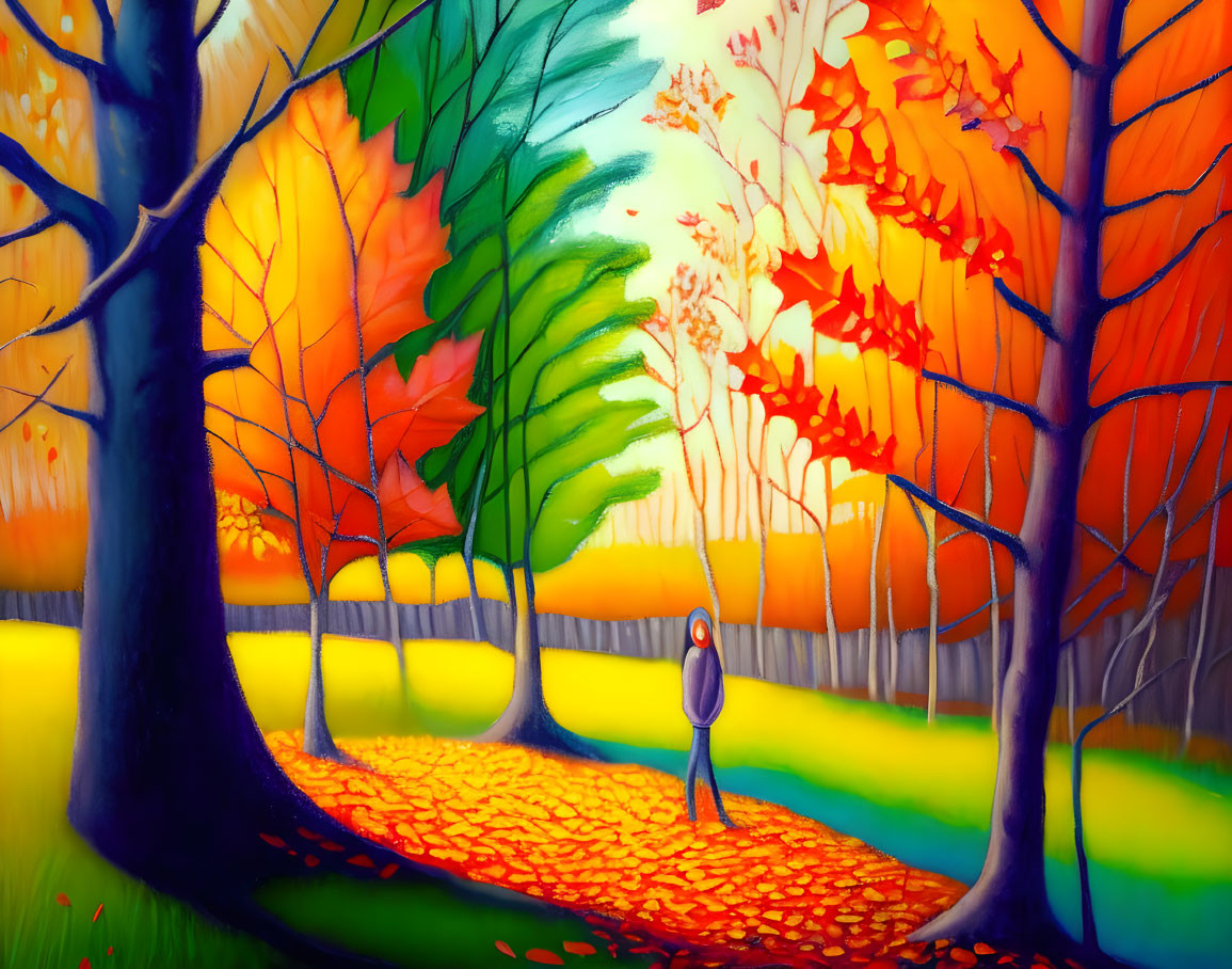 Person in Colorful Autumn Forest with Dreamy Landscape