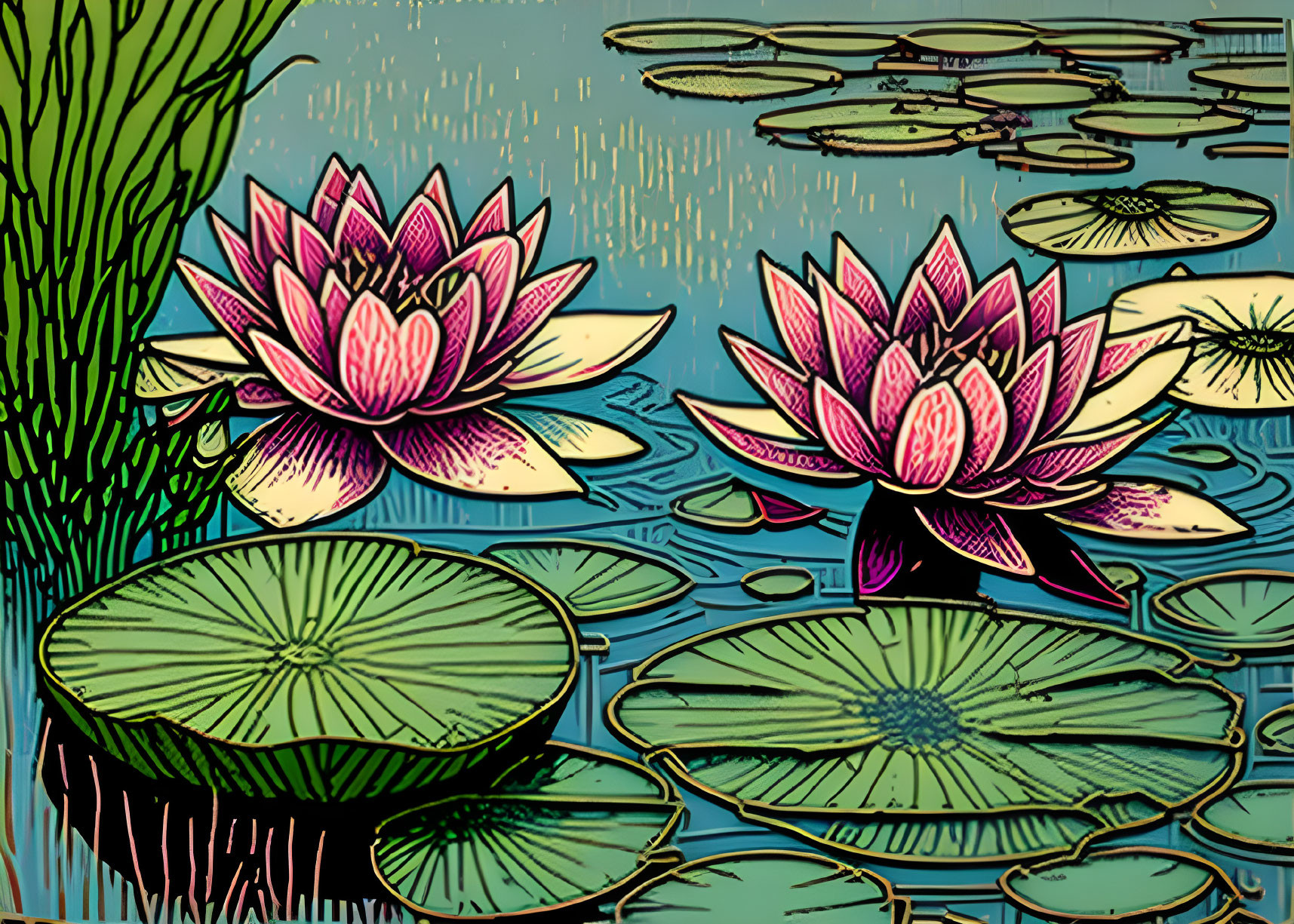 Tranquil pond with pink lotus flowers and lilypads under light rainfall