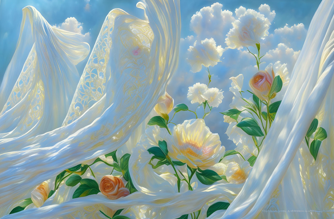 Tranquil white fabrics, yellow flowers, clouds in soft blue sky