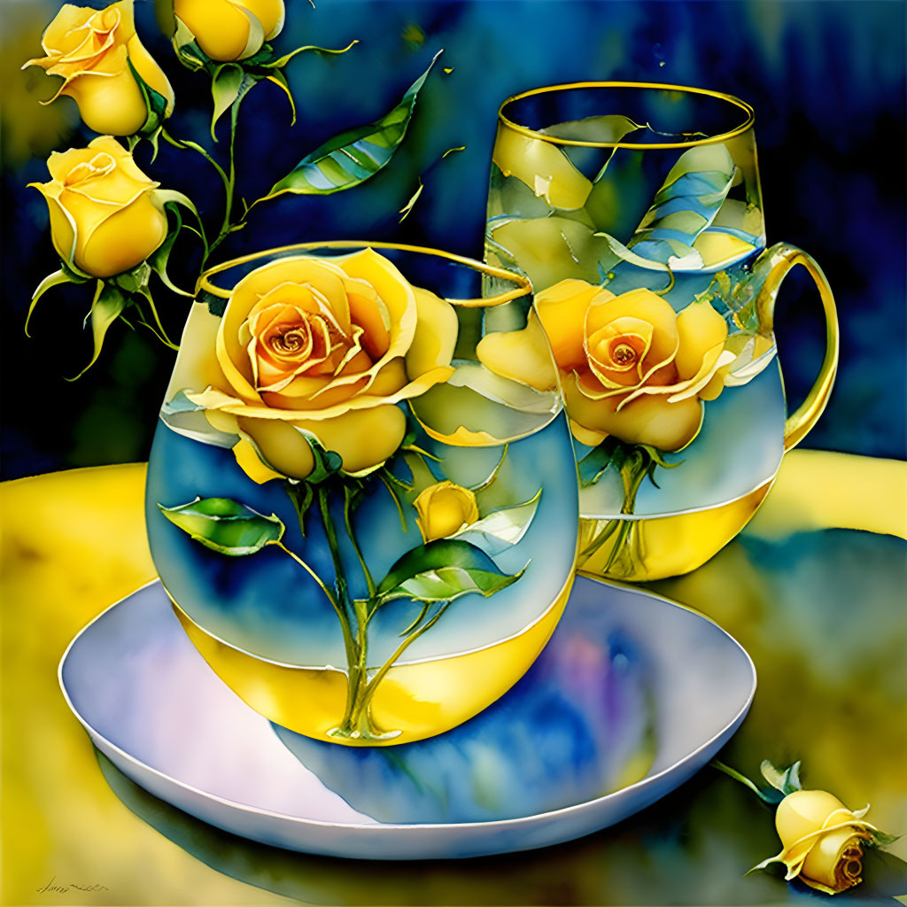 Yellow Roses Painting in Transparent Cup and Pitcher on Blue and Yellow Background