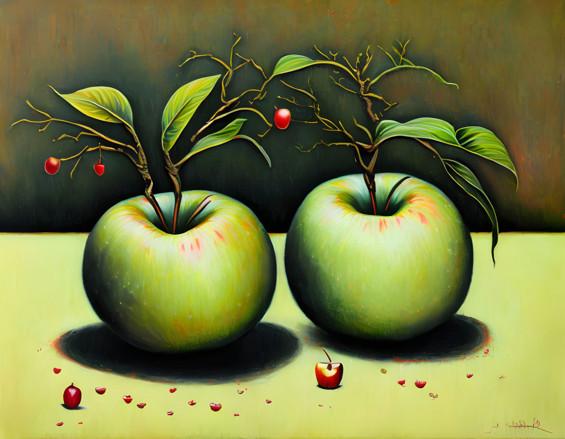 Stylized apple artwork with branches, leaves, and red fruits on greenish-yellow background