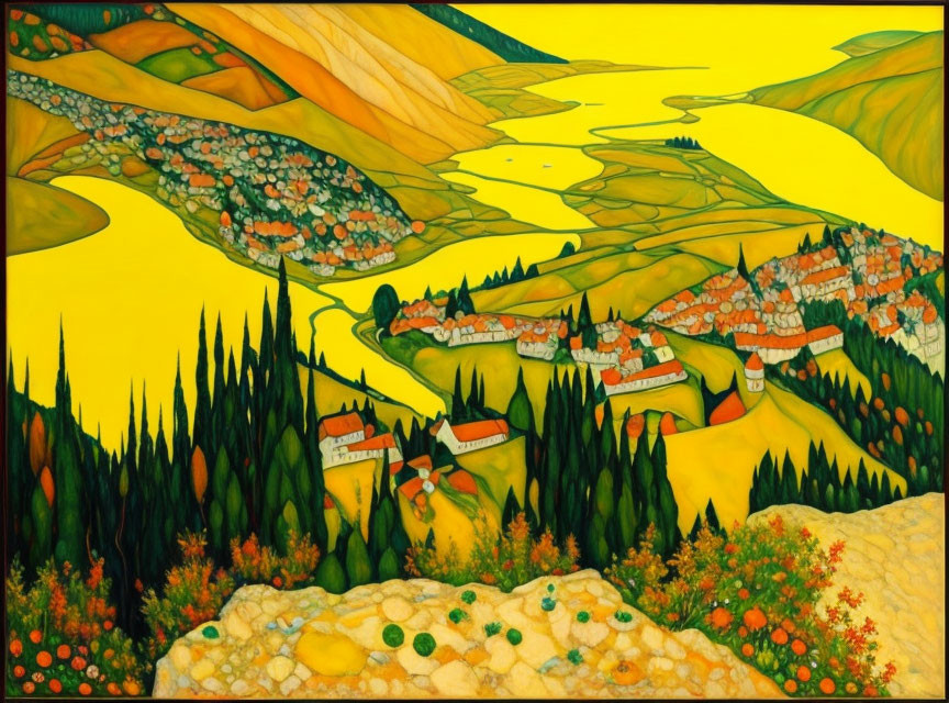 Colorful landscape painting with yellow fields, rolling hills, red-roofed houses, rivers, and