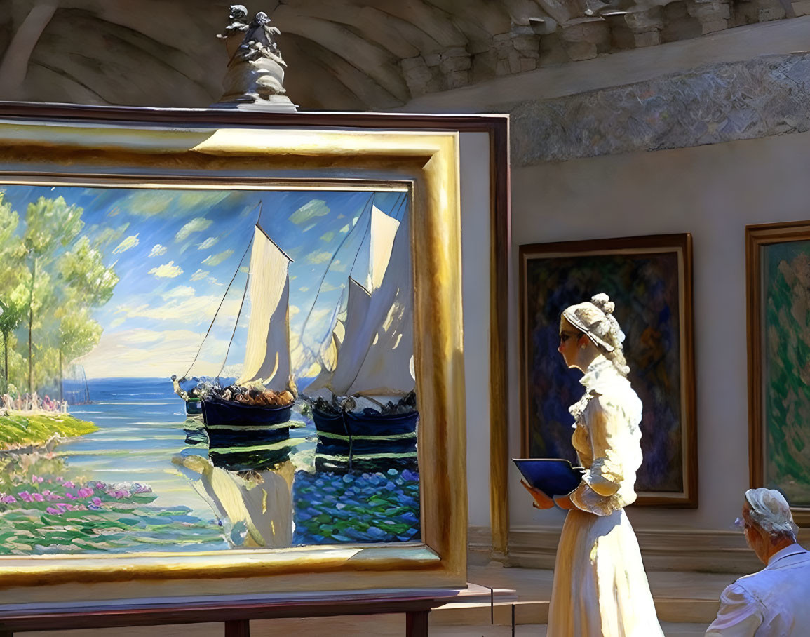 Woman in white dress and bonnet admires sailboat painting in art gallery with sculptures